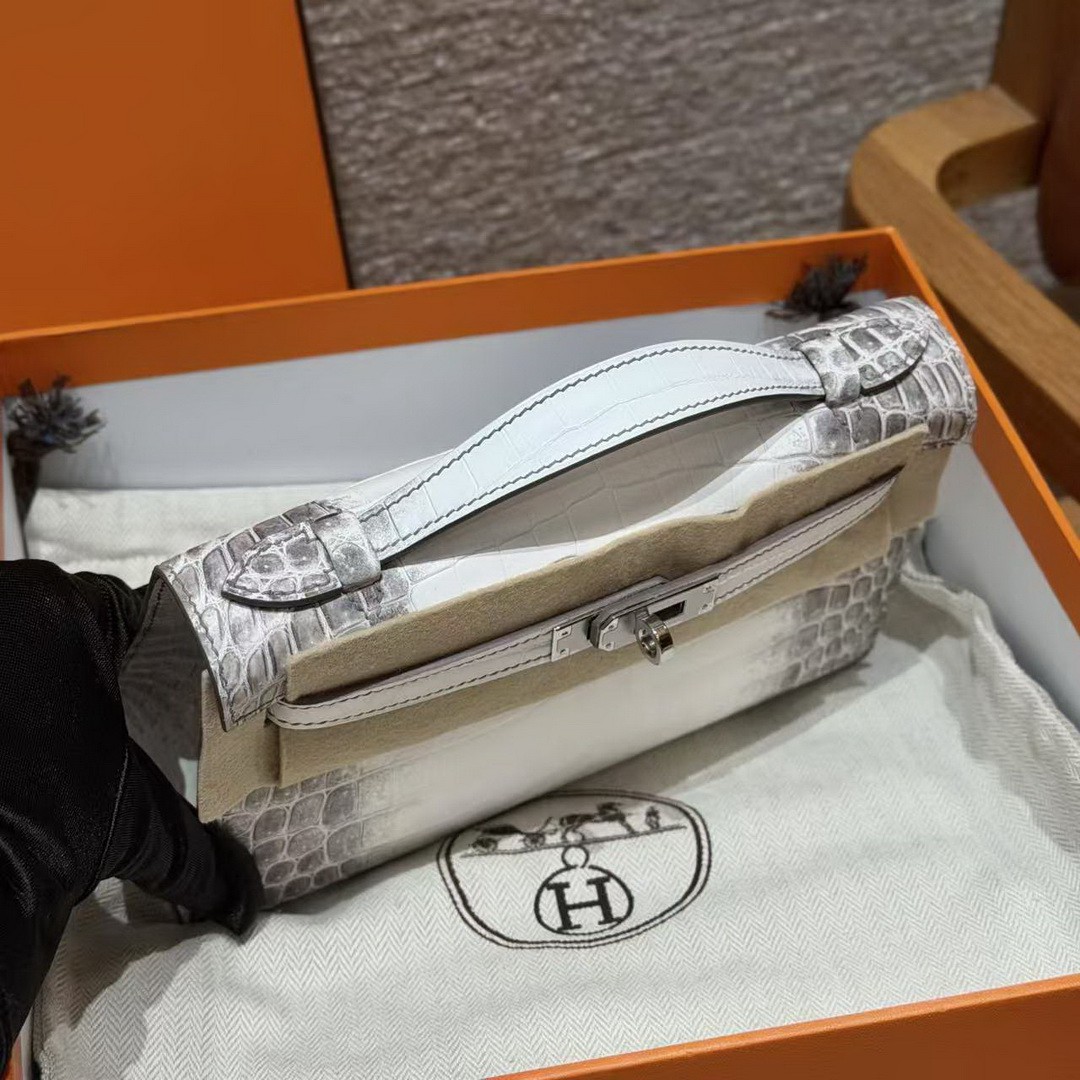 Hermes Kelly Pochette Handmade In Niloticus Leather from Nile Silver Hardware Himalaya - Image 4