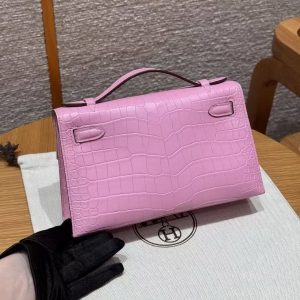 Hermes Kelly Pochette Handmade In Porosus Crocodile Leather from South Africa Gold Hardware 5P Pink - Image 2