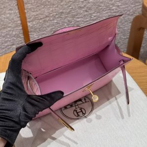 Hermes Kelly Pochette Handmade In Porosus Crocodile Leather from South Africa Gold Hardware 5P Pink - Image 11