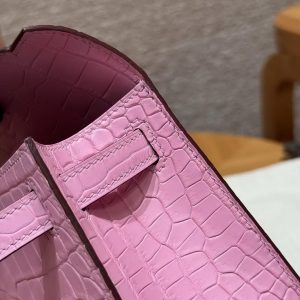 Hermes Kelly Pochette Handmade In Porosus Crocodile Leather from South Africa Gold Hardware 5P Pink - Image 8