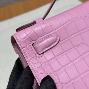 Hermes Kelly Pochette Handmade In Porosus Crocodile Leather from South Africa Gold Hardware 5P Pink - Image 6