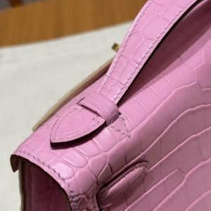 Hermes Kelly Pochette Handmade In Porosus Crocodile Leather from South Africa Gold Hardware 5P Pink - Image 5