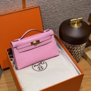 Hermes Kelly Pochette Handmade In Porosus Crocodile Leather from South Africa Gold Hardware 5P Pink - Image 3