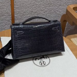 Hermes Kelly Pochette Handmade In Porosus Crocodile Leather from South Africa Gold Hardware 88 Graphite - Image 2
