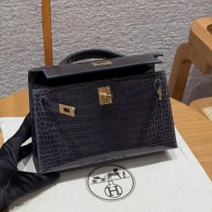 Hermes Kelly Pochette Handmade In Porosus Crocodile Leather from South Africa Gold Hardware 88 Graphite - Image 12