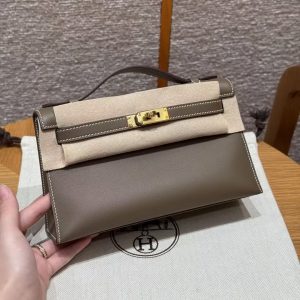 Hermes Kelly Pochette Handmade In Swift Calfskin Leather Gold Hardware 18 Etoupe