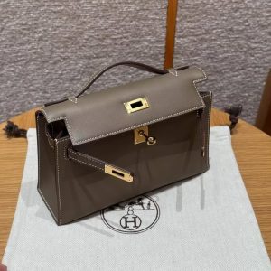 Hermes Kelly Pochette Handmade In Swift Calfskin Leather Gold Hardware 18 Etoupe - Image 14