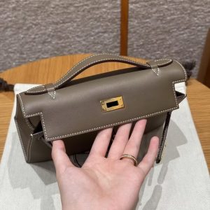 Hermes Kelly Pochette Handmade In Swift Calfskin Leather Gold Hardware 18 Etoupe - Image 13