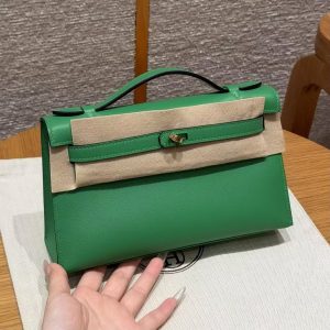 Hermes Kelly Pochette Handmade In Swift Calfskin Leather Gold Hardware 1K Bambou