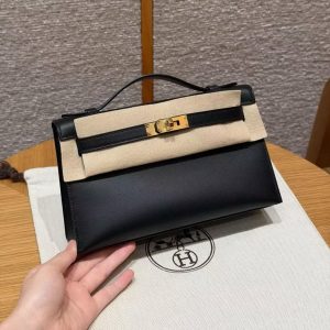 Hermes Kelly Pochette Handmade In Swift Calfskin Leather Gold Hardware 89 Noir