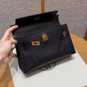 Hermes Kelly Pochette Handmade In Swift Calfskin Leather Gold Hardware 89 Noir - Image 11