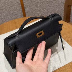 Hermes Kelly Pochette Handmade In Swift Calfskin Leather Gold Hardware 89 Noir - Image 10