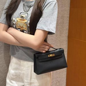 Hermes Kelly Pochette Handmade In Swift Calfskin Leather Gold Hardware 89 Noir - Image 4