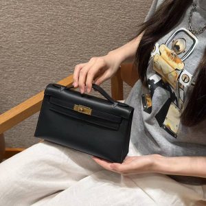 Hermes Kelly Pochette Handmade In Swift Calfskin Leather Gold Hardware 89 Noir - Image 3