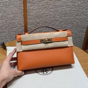 Hermes Kelly Pochette Handmade In Swift Calfskin Leather Gold Hardware 93 Orange