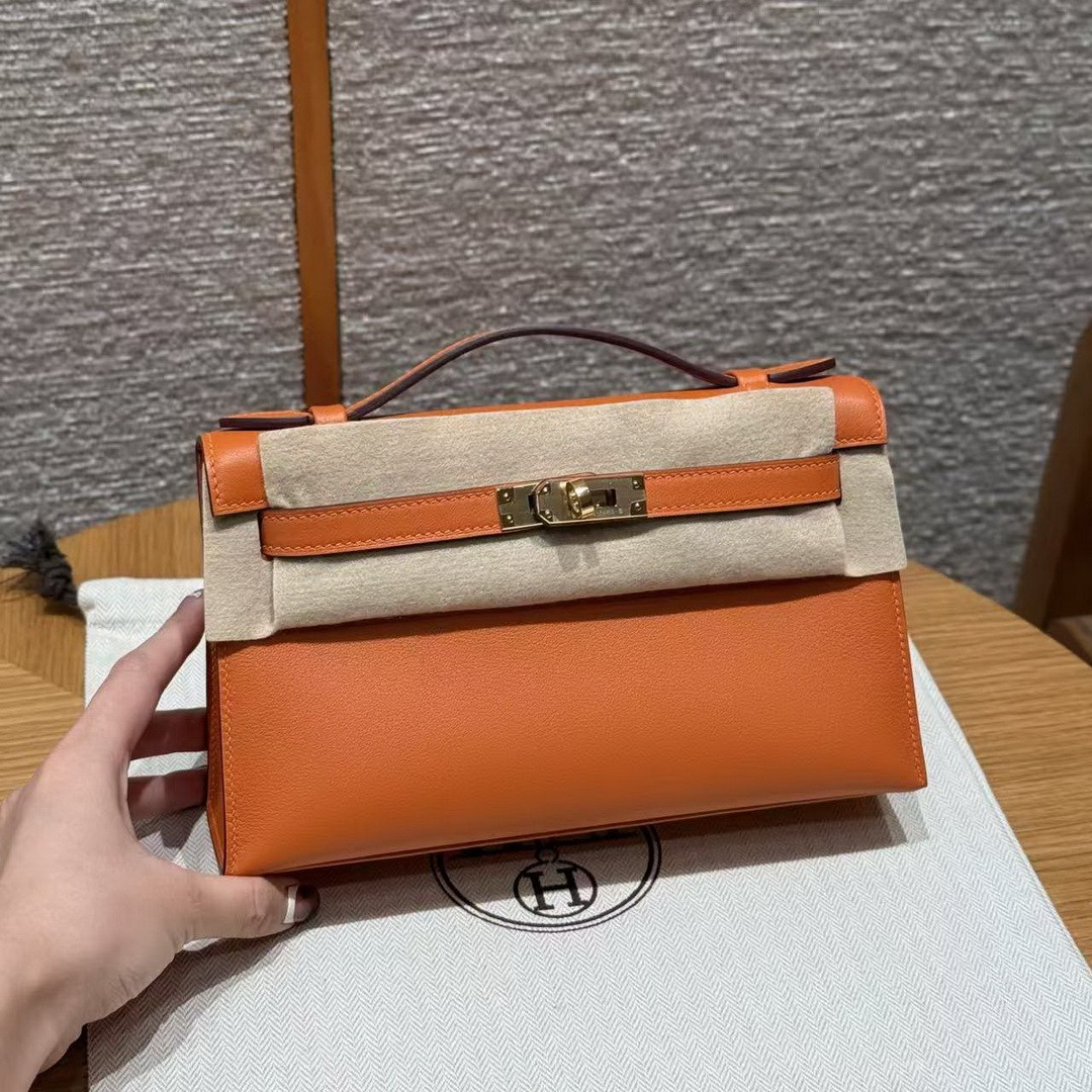 Hermes Kelly Pochette Handmade In Swift Calfskin Leather Gold Hardware 93 Orange