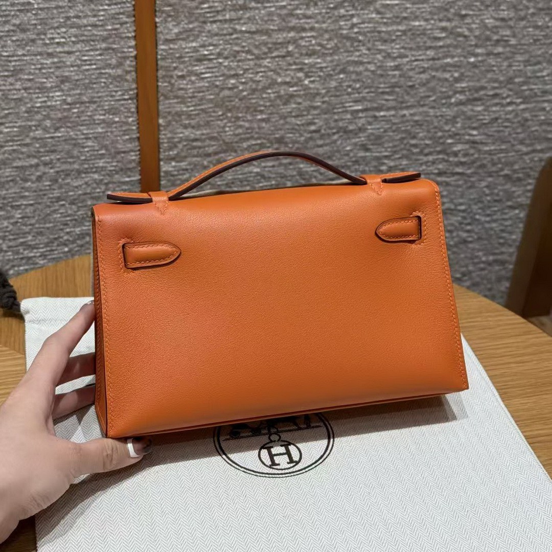 Hermes Kelly Pochette Handmade In Swift Calfskin Leather Gold Hardware 93 Orange - Image 2