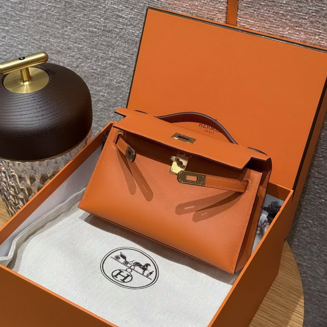 Hermes Kelly Pochette Handmade In Swift Calfskin Leather Gold Hardware 93 Orange - Image 12