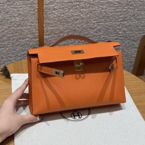 Hermes Kelly Pochette Handmade In Swift Calfskin Leather Gold Hardware 93 Orange - Image 11
