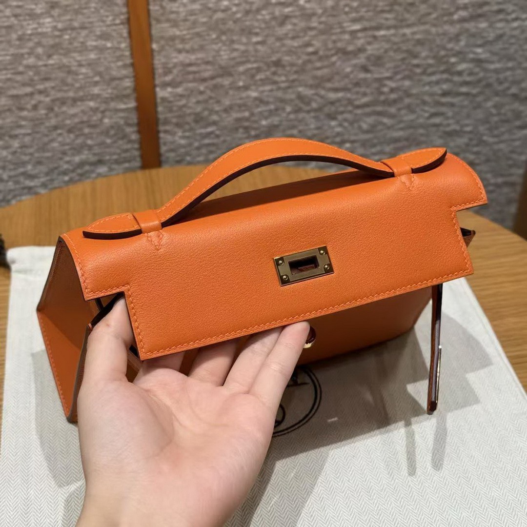 Hermes Kelly Pochette Handmade In Swift Calfskin Leather Gold Hardware 93 Orange - Image 9
