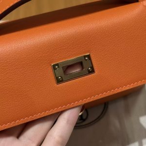Hermes Kelly Pochette Handmade In Swift Calfskin Leather Gold Hardware 93 Orange - Image 8