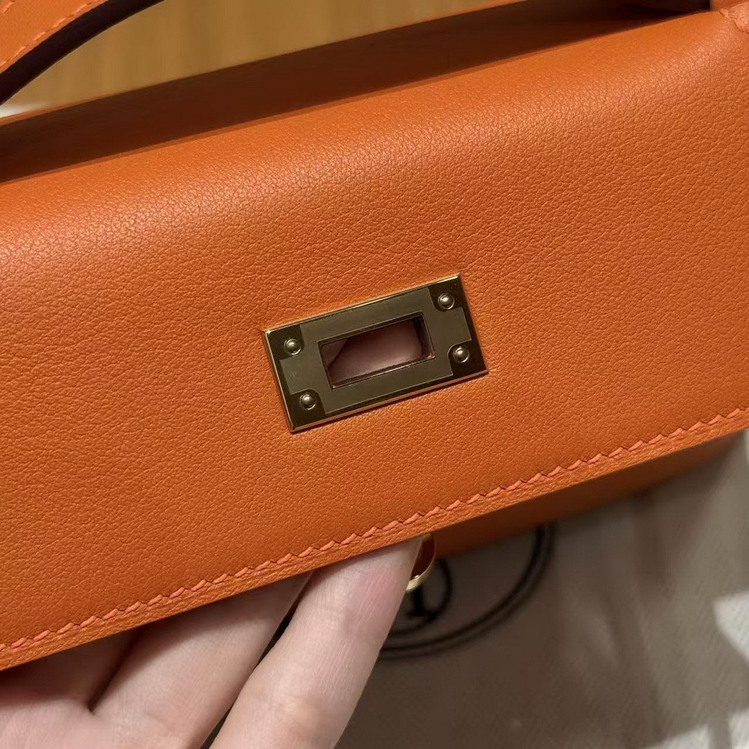 Hermes Kelly Pochette Handmade In Swift Calfskin Leather Gold Hardware 93 Orange - Image 8