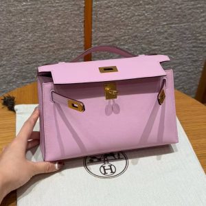 Hermes Kelly Pochette Handmade In Swift Calfskin Leather Gold Hardware x9 Mauve - Image 14