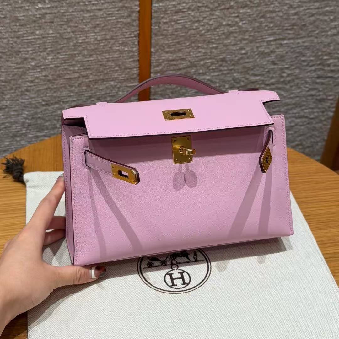 Hermes Kelly Pochette Handmade In Swift Calfskin Leather Gold Hardware x9 Mauve - Image 14
