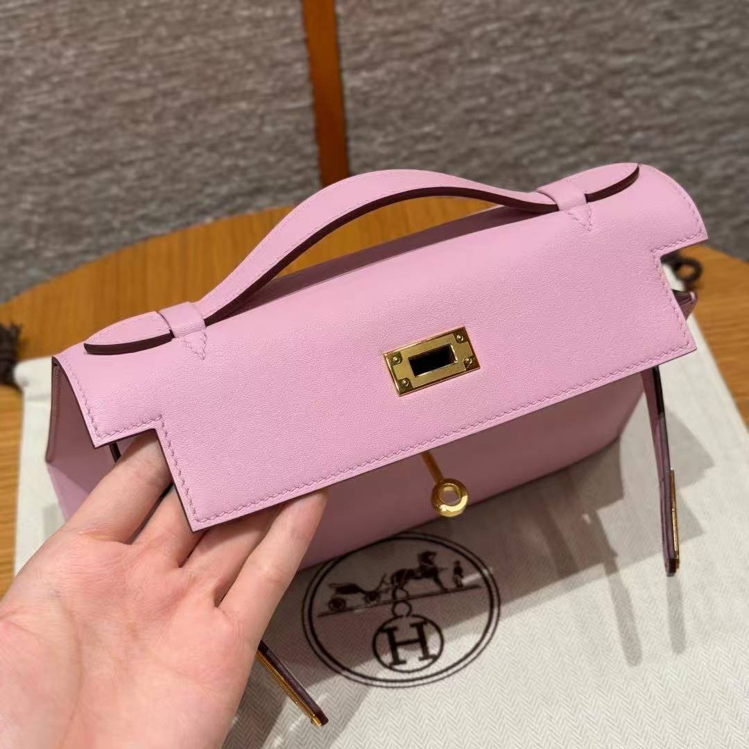 Hermes Kelly Pochette Handmade In Swift Calfskin Leather Gold Hardware x9 Mauve - Image 13