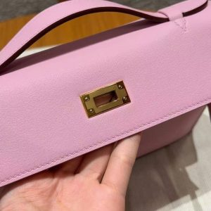 Hermes Kelly Pochette Handmade In Swift Calfskin Leather Gold Hardware x9 Mauve - Image 12