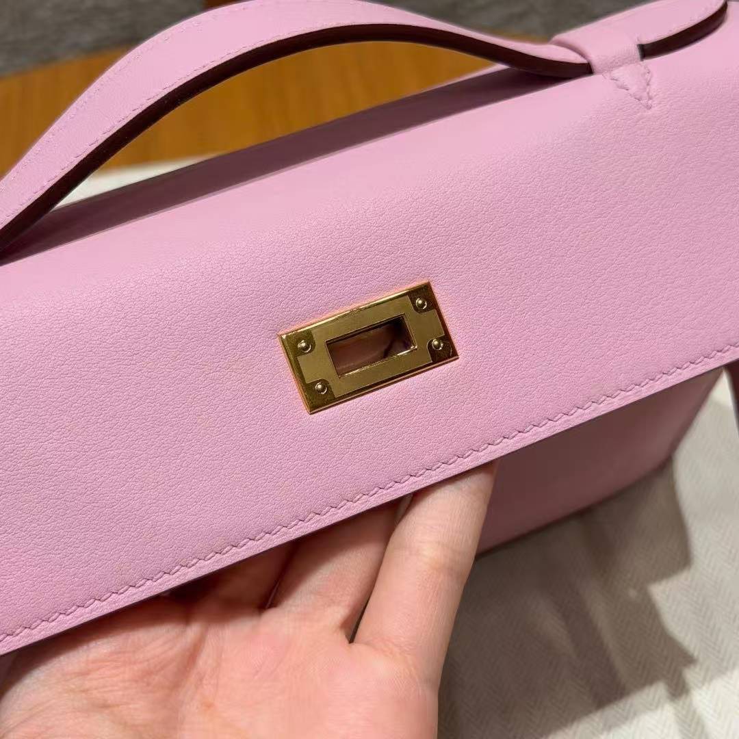 Hermes Kelly Pochette Handmade In Swift Calfskin Leather Gold Hardware x9 Mauve - Image 12