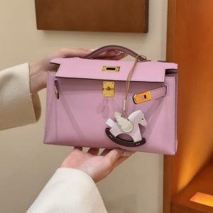 Hermes Kelly Pochette Handmade In Swift Calfskin Leather Gold Hardware x9 Mauve - Image 6