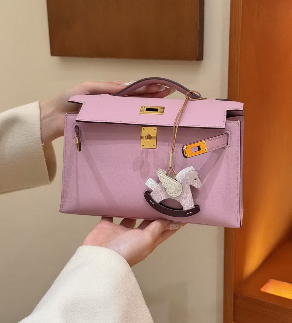Hermes Kelly Pochette Handmade In Swift Calfskin Leather Gold Hardware x9 Mauve - Image 6