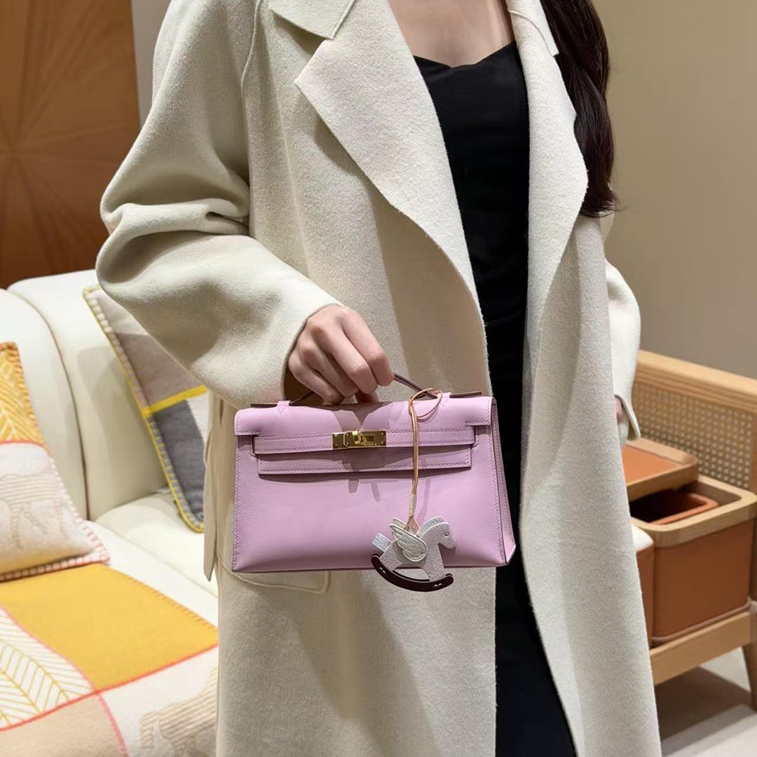 Hermes Kelly Pochette Handmade In Swift Calfskin Leather Gold Hardware x9 Mauve - Image 5
