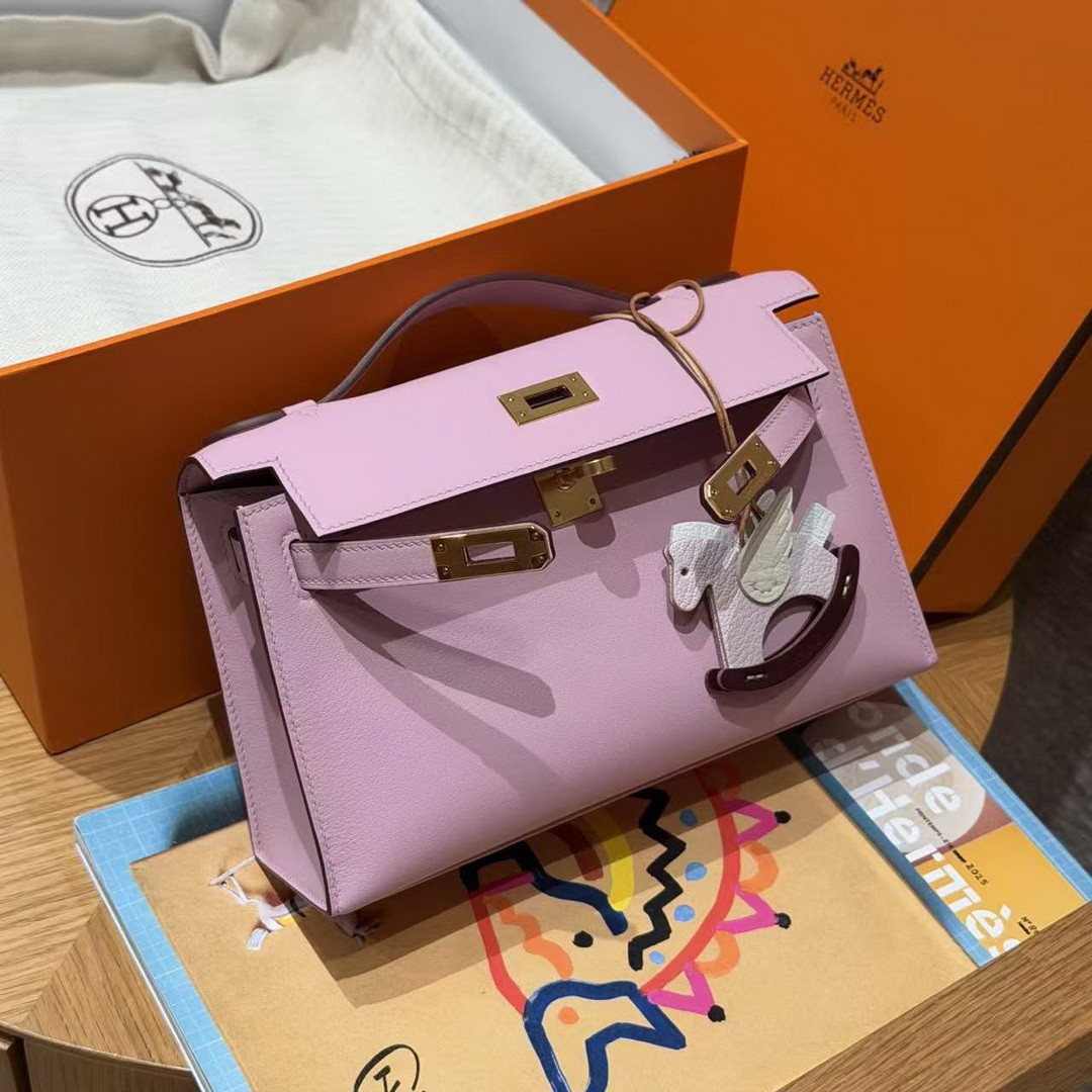 Hermes Kelly Pochette Handmade In Swift Calfskin Leather Gold Hardware x9 Mauve - Image 3