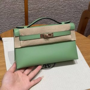 Hermes Kelly Pochette Handmade In Swift Calfskin Leather Rose gold Hardware 3i Vert Criquent