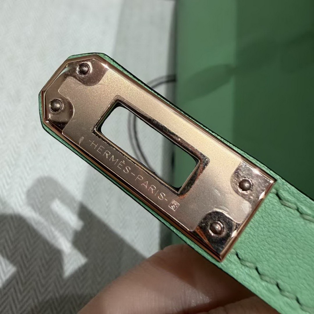 Hermes Kelly Pochette Handmade In Swift Calfskin Leather Rose gold Hardware 3i Vert Criquent - Image 12