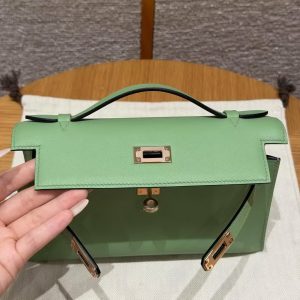 Hermes Kelly Pochette Handmade In Swift Calfskin Leather Rose gold Hardware 3i Vert Criquent - Image 9