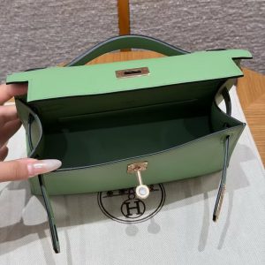 Hermes Kelly Pochette Handmade In Swift Calfskin Leather Rose gold Hardware 3i Vert Criquent - Image 8