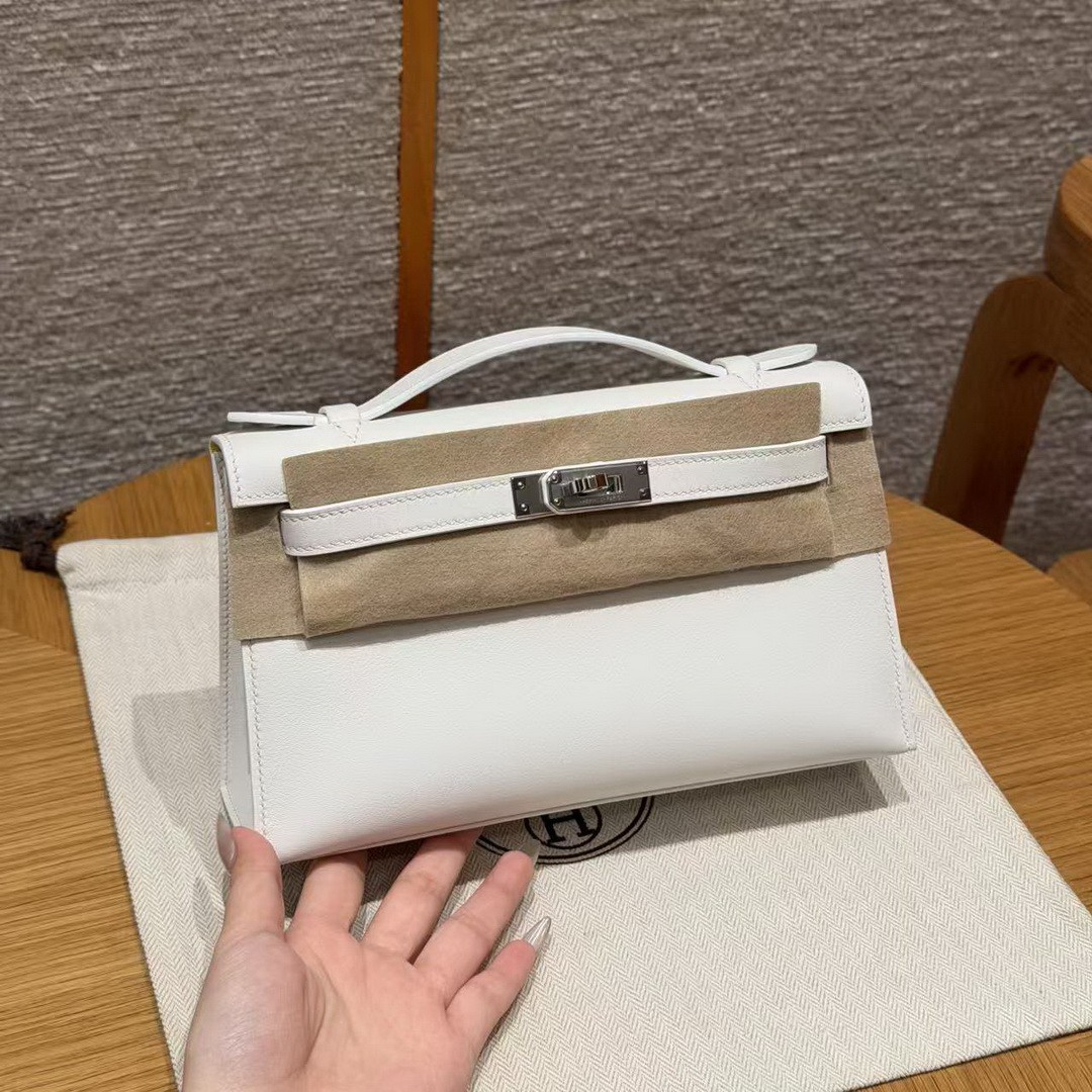 Hermes Kelly Pochette Handmade In Swift Calfskin Leather Silver Hardware 01 Blanc 9R Lime