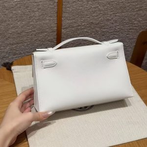Alternative view of Hermes Kelly Pochette Handmade In Swift Calfskin Leather Silver Hardware 01 Blanc 9R Lime