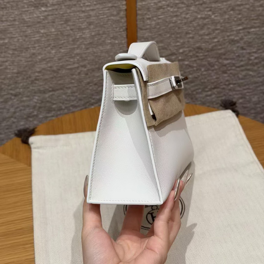Hermes Kelly Pochette Handmade In Swift Calfskin Leather Silver Hardware 01 Blanc 9R Lime - Image 17