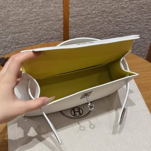 Hermes Kelly Pochette Handmade In Swift Calfskin Leather Silver Hardware 01 Blanc 9R Lime - Image 14