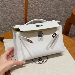 Hermes Kelly Pochette Handmade In Swift Calfskin Leather Silver Hardware 01 Blanc 9R Lime - Image 10