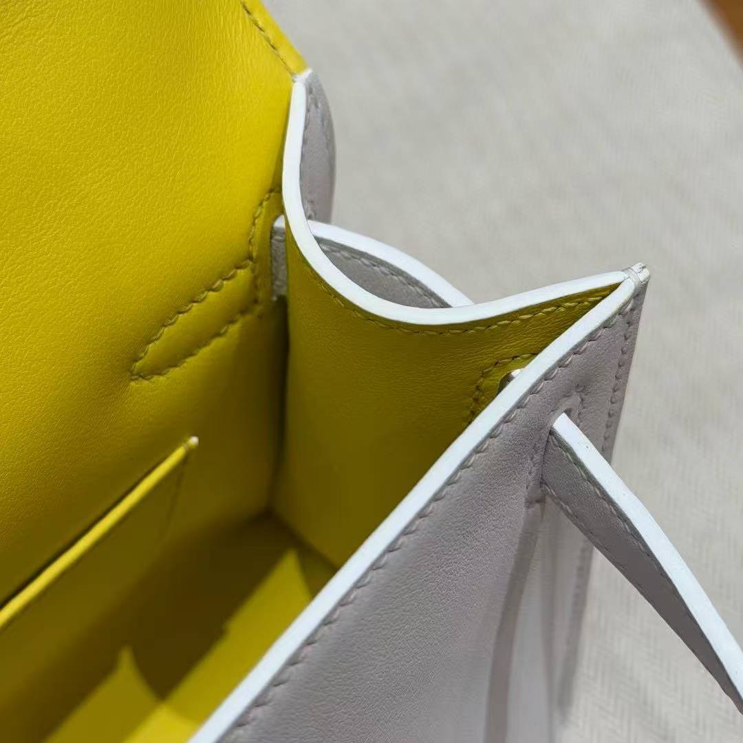 Hermes Kelly Pochette Handmade In Swift Calfskin Leather Silver Hardware 01 Blanc 9R Lime - Image 6