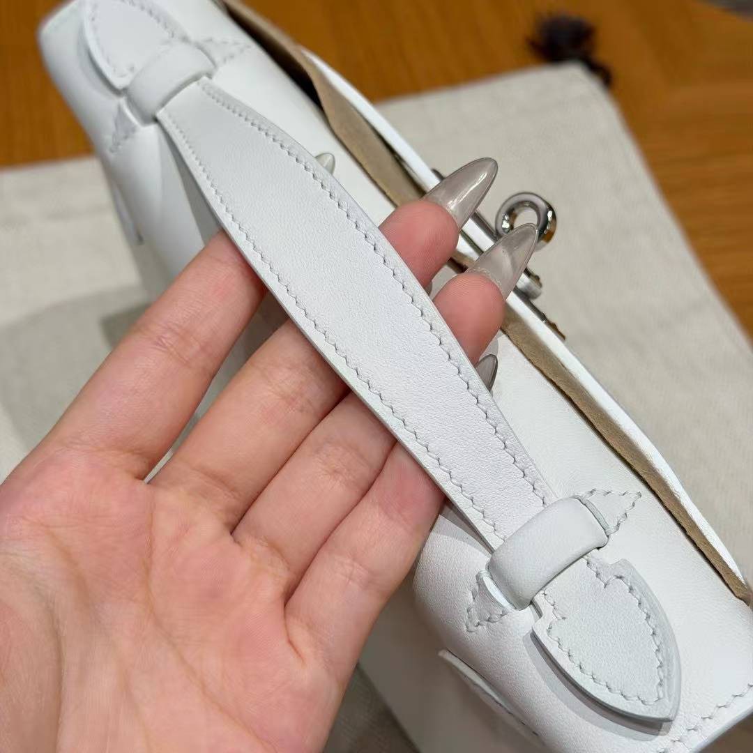 Hermes Kelly Pochette Handmade In Swift Calfskin Leather Silver Hardware 01 Blanc 9R Lime - Image 4