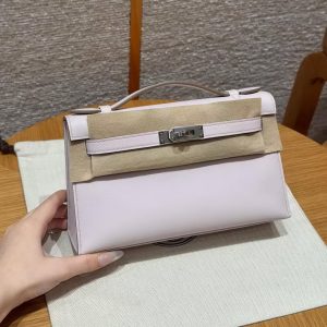 Hermes Kelly Pochette Handmade In Swift Calfskin Leather Silver Hardware 09 Mauve Pale
