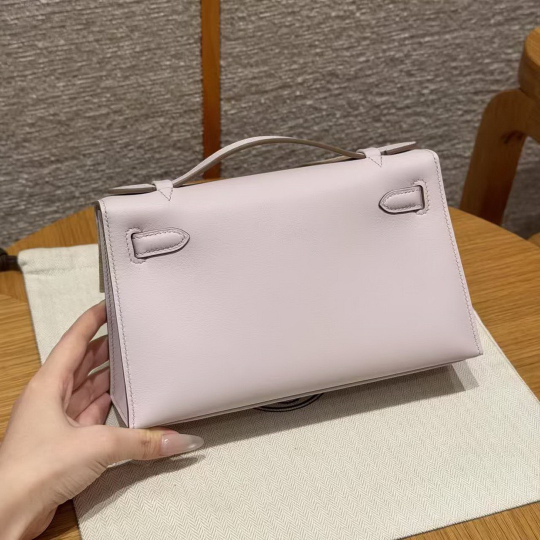 Hermes Kelly Pochette Handmade In Swift Calfskin Leather Silver Hardware 09 Mauve Pale - Image 2