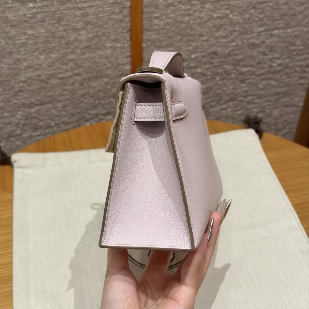 Hermes Kelly Pochette Handmade In Swift Calfskin Leather Silver Hardware 09 Mauve Pale - Image 19