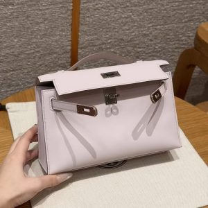 Hermes Kelly Pochette Handmade In Swift Calfskin Leather Silver Hardware 09 Mauve Pale - Image 13